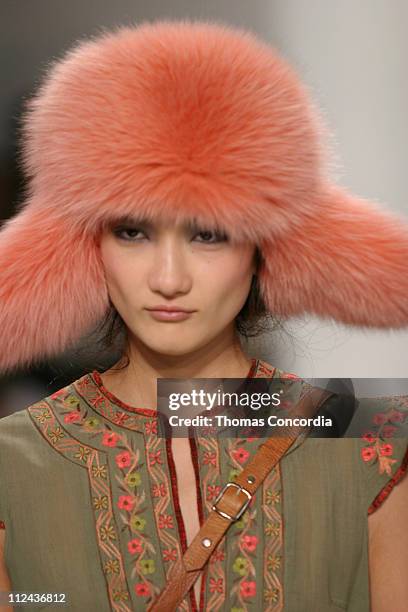 Ai Tominaga wearing James Coviello Fall 2004 during Olympus Fashion Week Fall 2004 - James Coviello - Runway at The Atelier at Bryant Park in New...