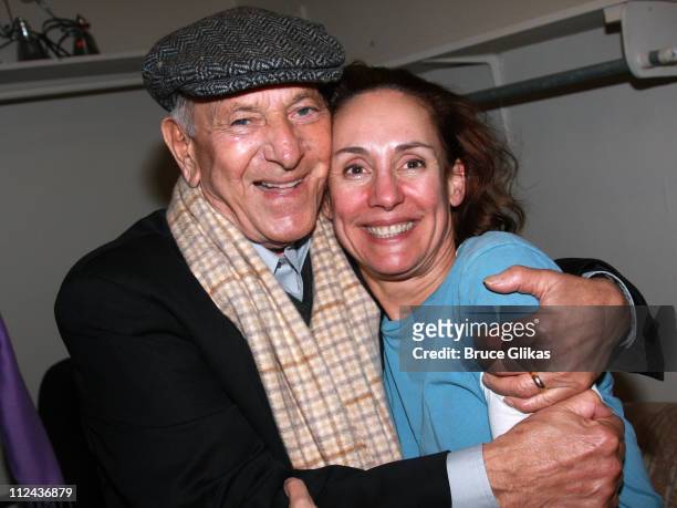 Actor Jack Klugman and Actress Laurie Metcalf pose backstage at The David Mamet Comedy "November" at The Barrymore Theater on Broadway on March 11,...