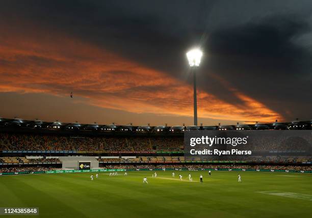 General view of play at sunset during day one of the First Test match between Australia and Sri Lanka at The Gabba on January 24, 2019 in Brisbane,...