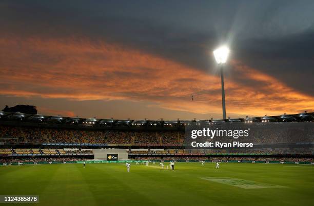 General view of play at sunset during day one of the First Test match between Australia and Sri Lanka at The Gabba on January 24, 2019 in Brisbane,...