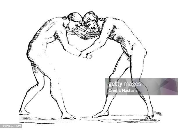 wrestling greek athletes - olympic games - antiquity - ancient greece olympics stock illustrations