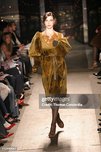 Jessica Miller wearing Donna Karan Fall 2004 during Olympus Fashion Week Fall 2004 - Donna Karan - Runway at Eyebeam in New York City, New York,...