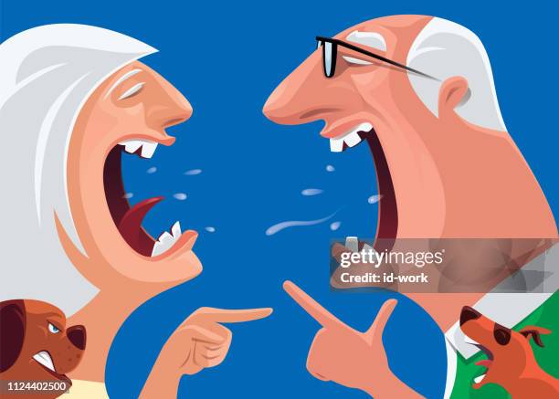 senior couple arguing and pointing - divorce stock illustrations