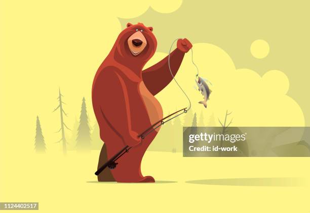 happy bear catching fish - bear stock illustrations