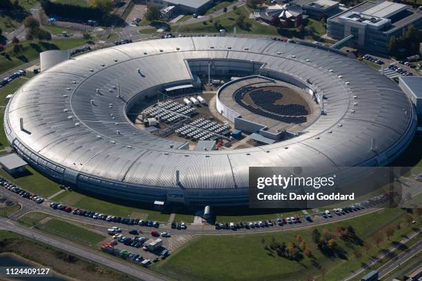 An aerial photograph of the Diamond Light Source building, Harwell Science and Innovation Campus, located three miles south east of Didcot in the...