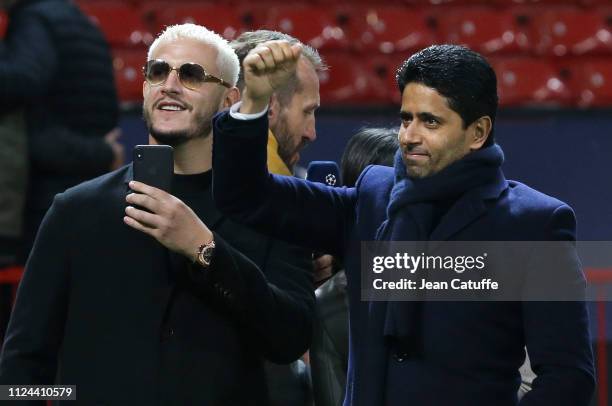 President of PSG Nasser Al Khelaifi, DJ Snake celebrate the victory following the UEFA Champions League Round of 16 First Leg match between...