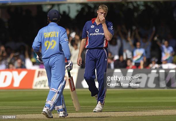 Dejected Andrew Flintoff of England after Sourav Ganguly of India hits another boundery during the match between England and India in the NatWest One...
