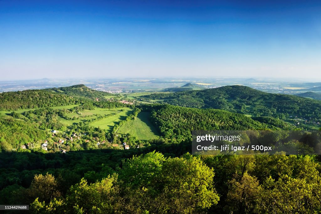 Ceske Stredohori Tourist Area With Hill Kamyk And Litomerice City On Horizont And Kundratice...