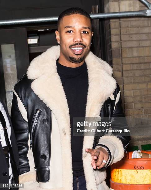 Actor Michael B. Jordan is seen leaving the Coach 1941 fashion show at the NYSE during New York Fashion Week on February 12, 2019 in New York City.