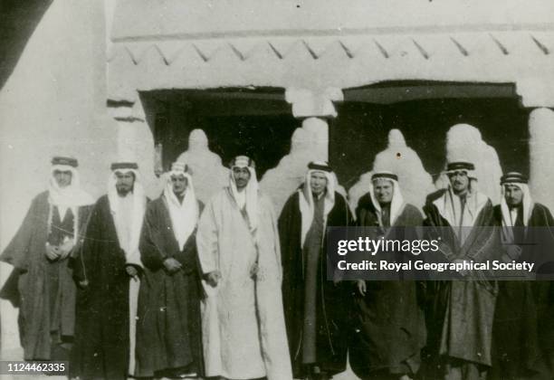 Group photograph taken on first visit of first British Minister to Riyadh, From right to left, Tawfiq Hamza, Gerald de Gaury, Fuad Hamza, Sir Andrew...