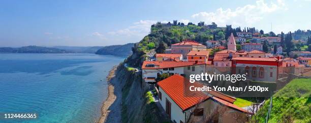 piran slovenia() stitch - slovenia beach stock pictures, royalty-free photos & images