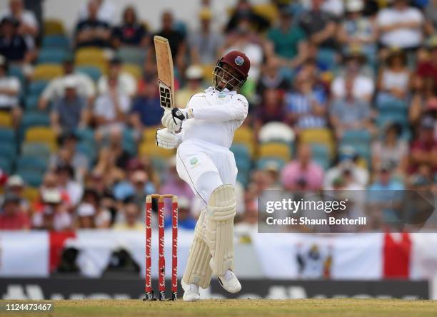 Shimron Hetmyer of West Indies plays a shot during Day Two of the First Test match between England and West Indies at Kensington Oval on January 24,...
