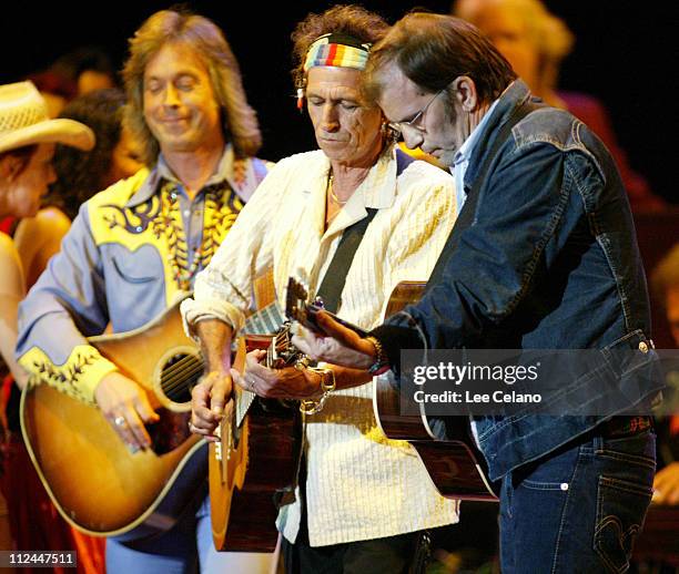 Jim Lauderdale, Keith Richards and Steve Earle during Return To Sin City: A Tribute To Gram Parsons at Santa Barbara Bowl - July 9, 2004 at Santa...