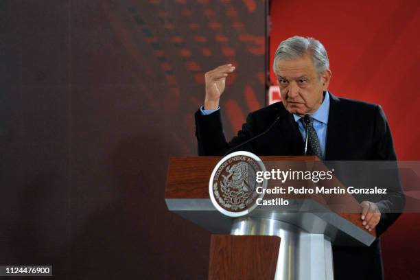 Andres Manuel Lopez Obrador President of Mexico speaks over the crisis in Venezuela during the morning press conference at National Palace on January...