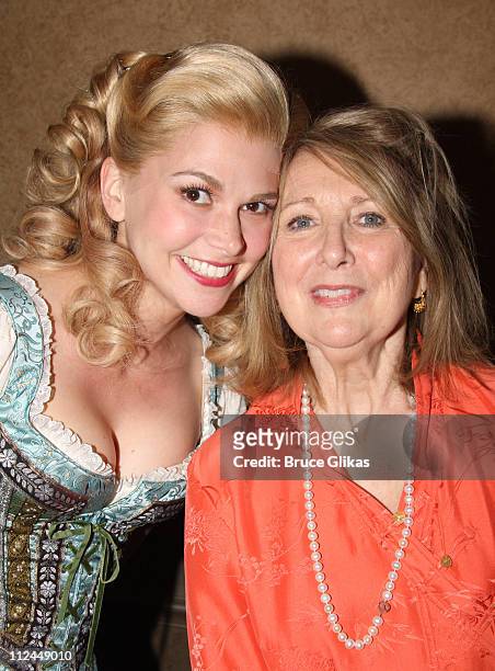 Sutton Foster and Teri Garr pose as she visits The cast of "Mel Brooks' Young Frankenstein" backstage on Broadway at The Hilton Theater on June 18,...