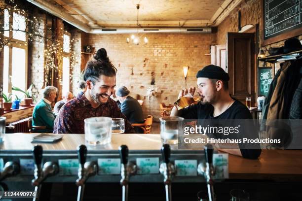 two friends drinking in stylish bar - man beer stock pictures, royalty-free photos & images