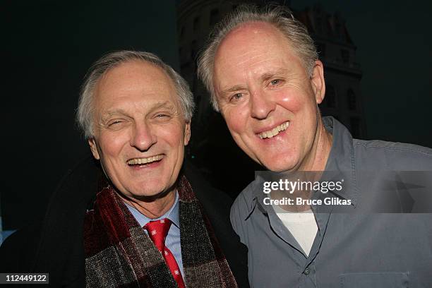 Alan Alda and John Lithgow during Celebrities Backstage at "Dirty Rotten Scoundrels" on Broadway at The Imperial Theater in New York City, New York,...