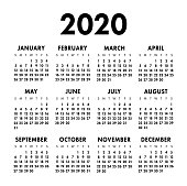 Calendar 2020 year. Black and white vector template. Week starts on Sunday. Basic grid. Pocket square calender. Ready design