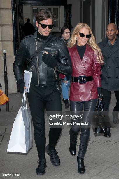 Singer Celine Dion and Pepe Munoz are seen leaving the GIVENCHY office building on Avenue George V on January 24, 2019 in Paris, France.