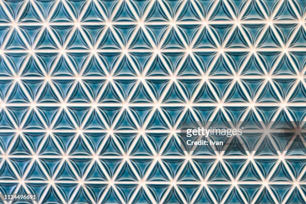 full frame of texture, patterned green pottery, glass wall - 工芸品 ストックフォトと画像