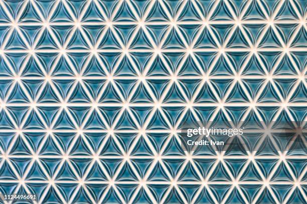 full frame of texture, patterned green pottery, glass wall - daktegel stockfoto's en -beelden