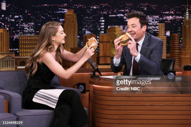 Episode 1014 -- Pictured: Model Gigi Hadid during an interview with host Jimmy Fallon on February 12, 2019 --