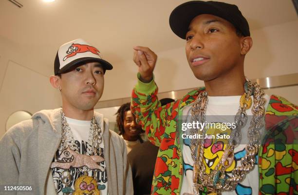 Nigo & Pharrell Williams photographed by Jun Sato during the Grand Opening  of “The Ice Cream Store” in Tokyo, Japan - November 04, 2005