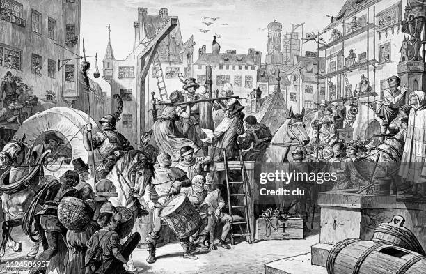 auf dem marienplatz in münchen am ende des 16. jahrhunderts - mittelaltermarkt stock-grafiken, -clipart, -cartoons und -symbole