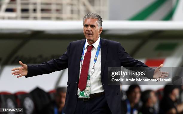 Coach and manager of Iran Carlos Queiroz react during the AFC Asian Cup quarter final match between China and Iran at Mohammed Bin Zayed Stadium on...