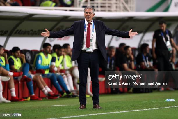 Coach and manager of Iran Carlos Queiroz react during the AFC Asian Cup quarter final match between China and Iran at Mohammed Bin Zayed Stadium on...