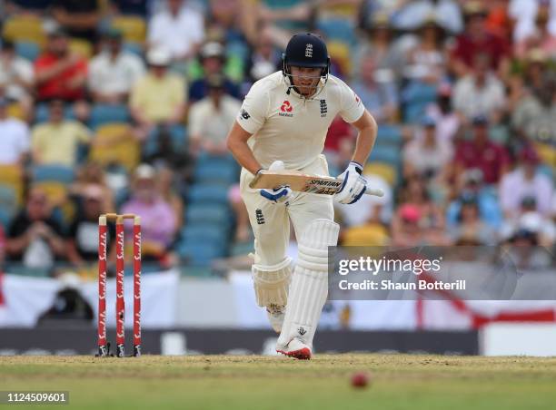 Jonny Bairstow of England plays a shot during Day Two of the First Test match between England and West Indies at Kensington Oval on January 24, 2019...