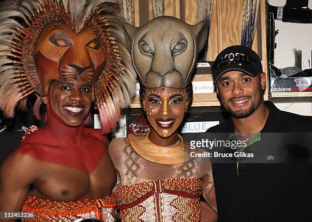 Wallace Smith , Kissy Simmons and Johan Santana, Starting Pitcher for The New York Mets, visits backstage at Disney's "The Lion King" on Broadway at...