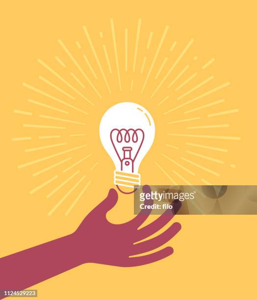 illustrazioni stock, clip art, cartoni animati e icone di tendenza di lampadina con mano - industria energetica