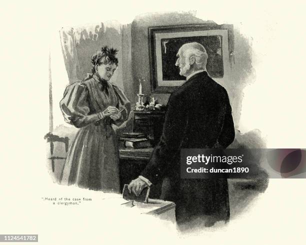 victorian woman interviewing a clergyman, writing in a notebook, 1890s - priests talking stock illustrations