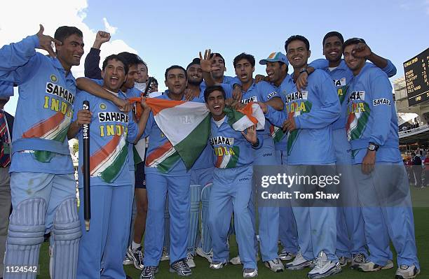 India celebrate their win during the match between England and India in the NatWest One Day Series Final at Lord's in London, England on July 13,...