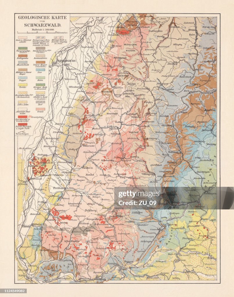 Geological map of the Black Forest, Baden-Württemberg, Germany, lithograph, 1897