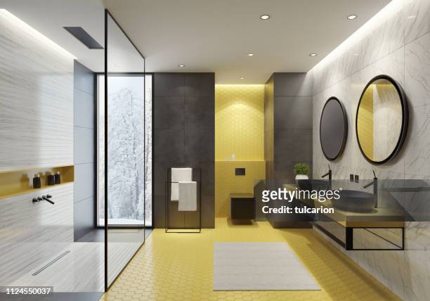 contemporary bathroom with yellow honeycomb tiles - domestic bathroom stock pictures, royalty-free photos & images