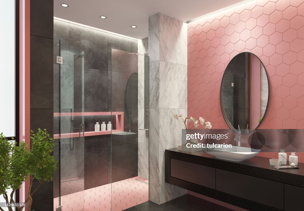 Moderne Badezimmer mit hell rosa Waben Fliesen