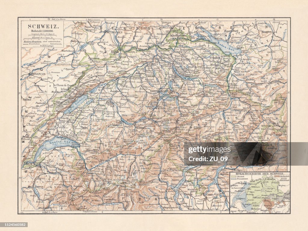 Map of Switzerland and the different language areas, lithograph, 1897
