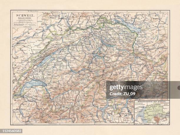 map of switzerland and the different language areas, lithograph, 1897 - swiss culture stock illustrations