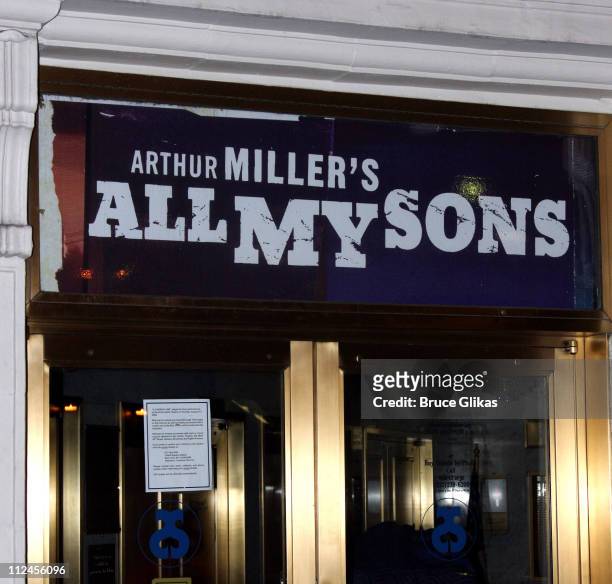 The Marquee for Arthur Miller's revival of "All My Sons" starring Katie Holmes appears at The Gerald Schoenfeld Theater on Broadway on August 18,...