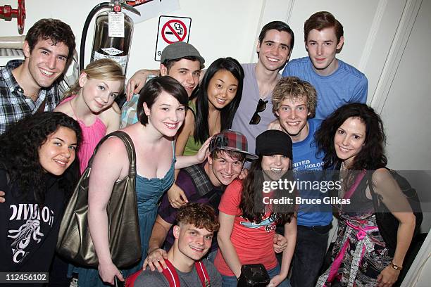 Mary Louise Parker and Hunter Parrish pose with the cast backstage on Hunter's opening night in "Spring Awakening" on Broadway at The Eugene O'Neill...