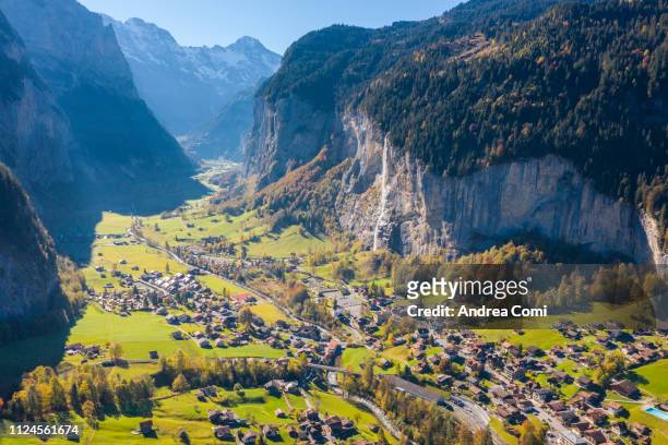 aerial view of lauterbrunnen village. - wengen stock pictures, royalty-free photos & images