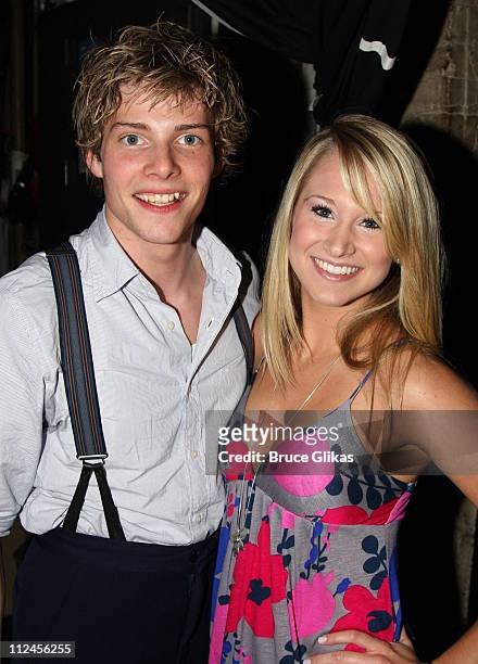Bailey Hanks, MTV's Winner of "Legally Blonde: The Search for The New Elle Woods" and Hunter Parrish pose backstage at "Spring Awakening" on Broadway...