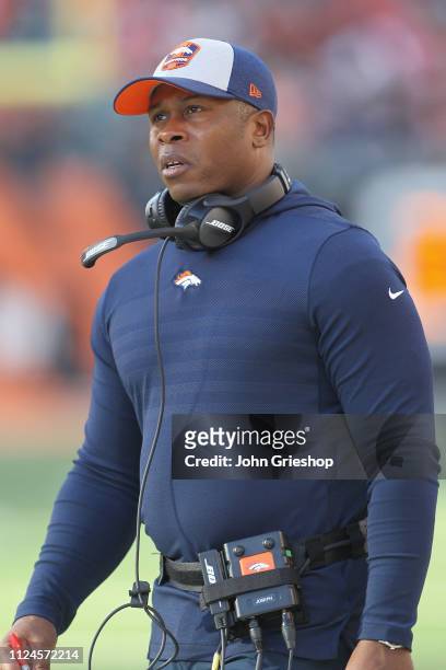 Head coach Vance Joseph of the Denver Broncos watches his team from the sidellines during the game against the Cincinnati Bengals at Paul Brown...
