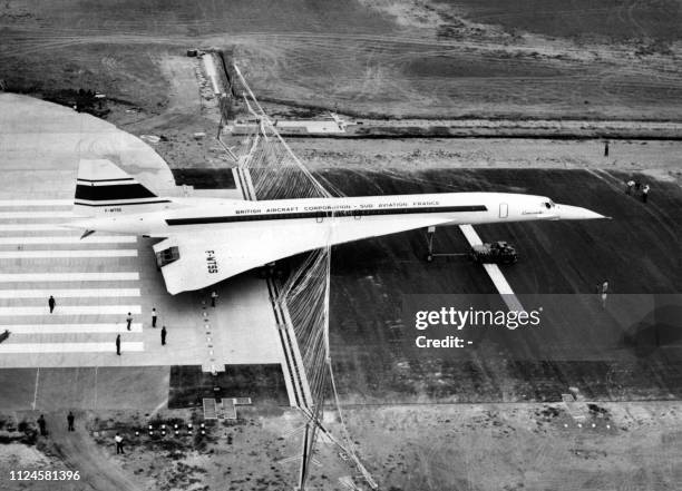 Aerospatiale picture shows plane Concorde 001 landing in a barriere during a test flight in Toulouse, on September 18, 1968. Concorde 001 will make...