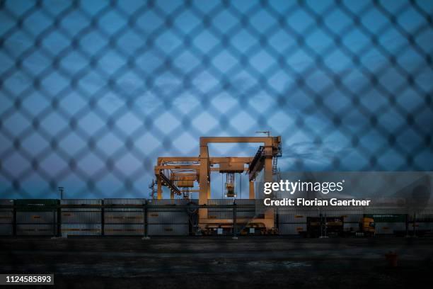 Cranes and containers are pictured on February 11, 2019 in Schwarzheide, Germany.