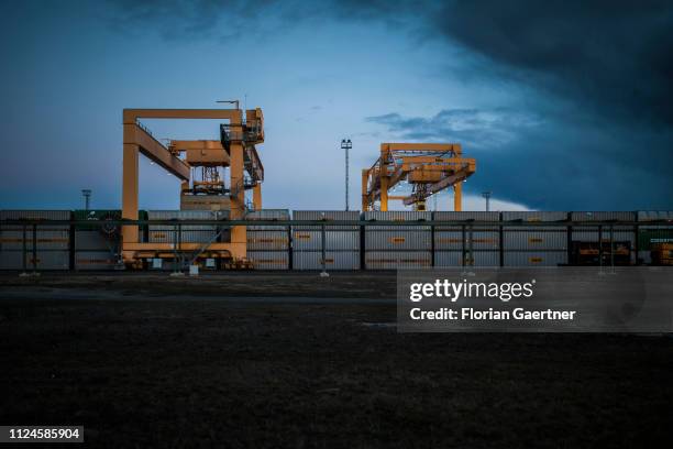 Cranes and containers are pictured on February 11, 2019 in Schwarzheide, Germany.