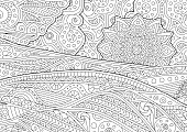 Adult coloring book page with stylized landscape