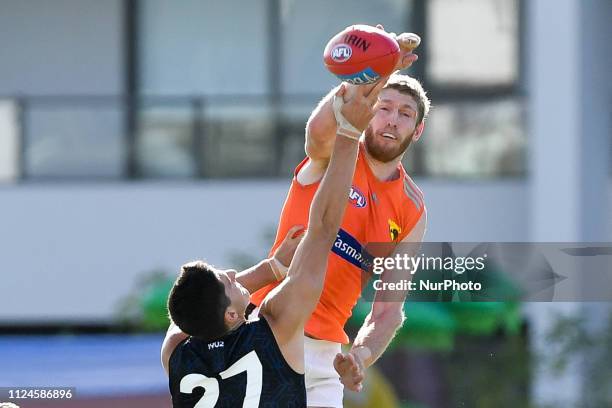 Marc Pittonet and Ben McEvoy of the Hawks battle in the ruck during the Hawthorn Football Club AFL Intra Club match at Waverley Park on February 13...